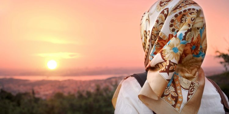 Muslim women and sunset. Muslim women fashion style.