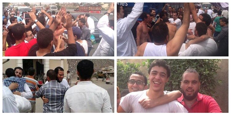 لحظات خروج المعتقلين من السجن حيث كان في استقبالهم عدد من أهاليهم وأصدقائهم يوم الإثنين 5 مايو 2014