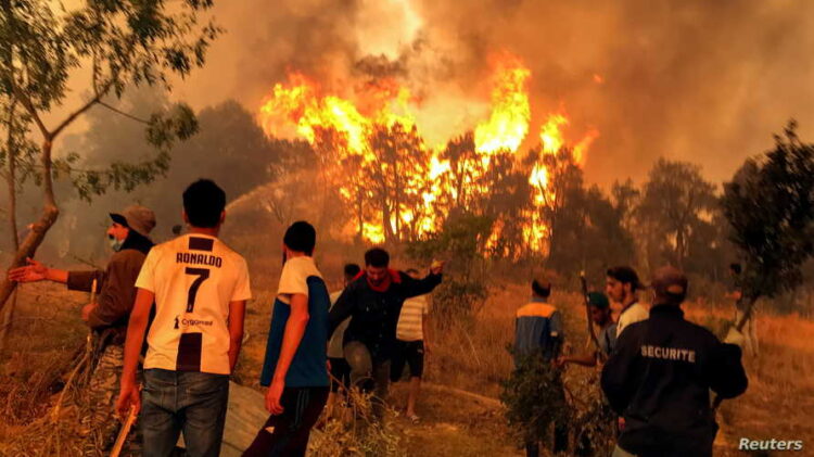 FILE PHOTO: Villagers attempt to put out a wildfire, in Achallam village, in the mountainous Kabylie region of Tizi Ouzou, east of Algiers, Algeria August 11, 2021. REUTERS/Abdelaziz Boumzar/File Photo