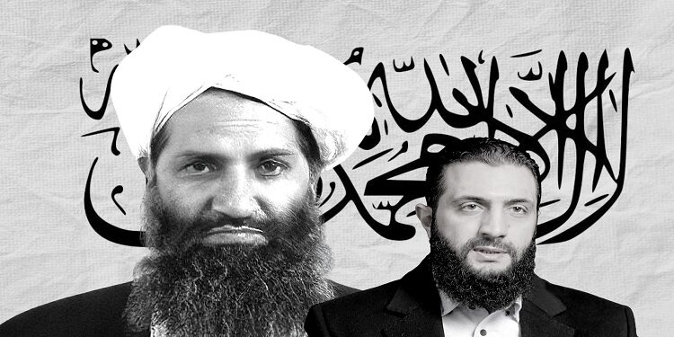 زعيم حركة طالبان "هيبة الله آخوند زاده" وقائد هيئة تحرير الشام "أبو محمد الجولاني – الصورة من موقع عنب بلدي"