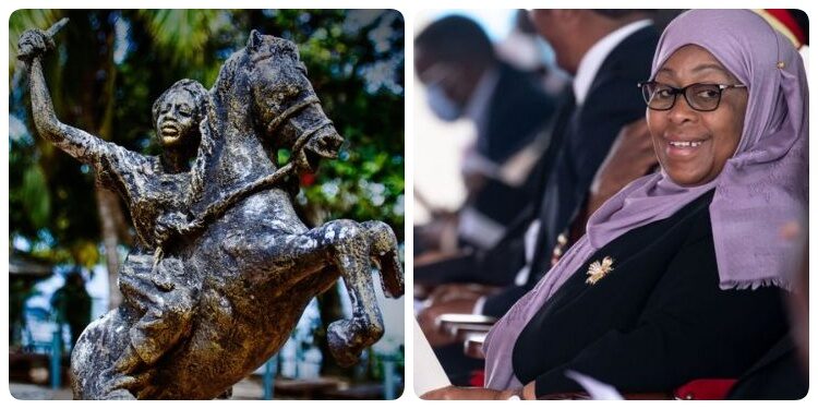 الرئيسة التنزانية سامية حسن وتمثال الملكة النيجيرية أمينة