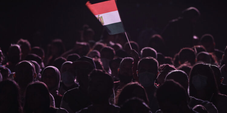 تجمع لمصريون أحدهم يرفع علم مصر (وكالات)