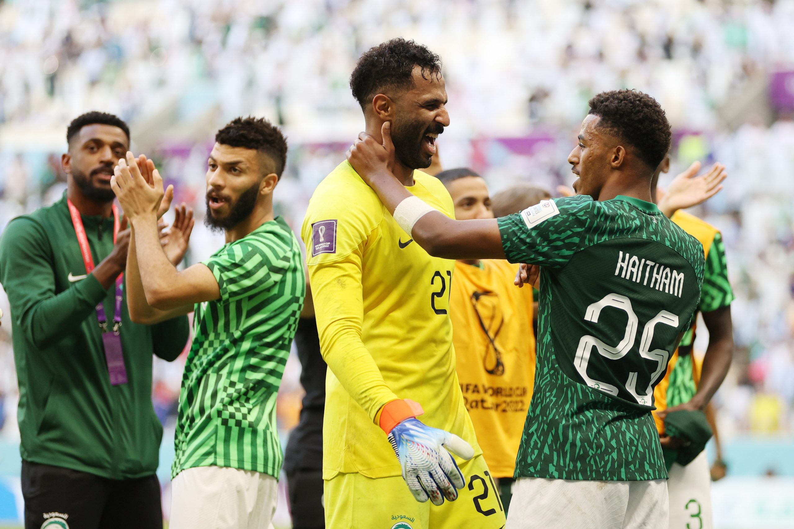 نجوم المنتخب السعودي يحتفلون بالفوز على الأرجنتين (الصورة: وكالات)