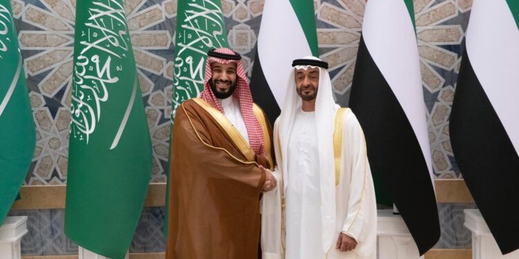 رئيس دولة الإمارات محمد بن زايد آل نهيان (يمين) وولي العهد السعودي محمد بن سلمان (الصورة: وكالات)