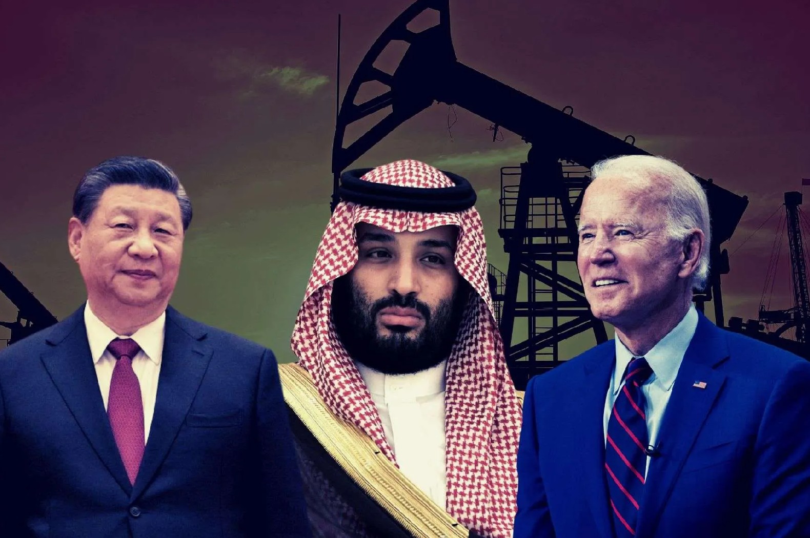 صورة مجمعة للرئيس الأمريكي جو بايدن (يمين) والرئيس الصيني شي جين بينج، وبينهما ولي عهد السعودية الأمير محمد بن سلمان (وكالات)