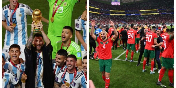 الصورة مجمعة لاحتفال المغرب بالفوز على البرتغال وفوز الأرجنتين بكأس العالم (وكالات)