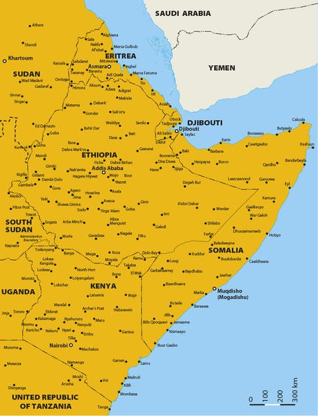 خريطة لمنطقة القرن الأفريقي