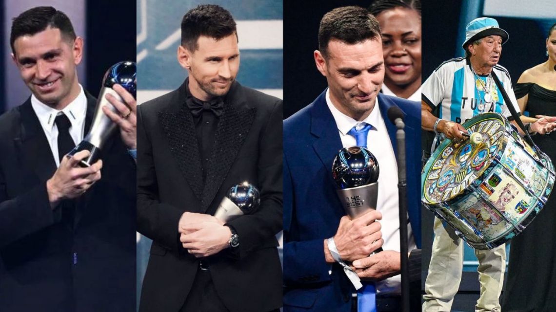 فاز كل من إميليانو مارتينيز وليونيل ميسي وليونيل سكالوني وجماهير الأرجنتين بفئاتهم في حفل توزيع جوائز FIFA "الأفضل" لعام 2022.