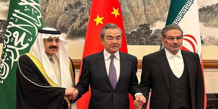 جانب من الإعلان عن الاتفاق بين المملكة العربية السعودية وإيران، بوساطة صينية، لاستئناف العلاقات الدبلوماسية