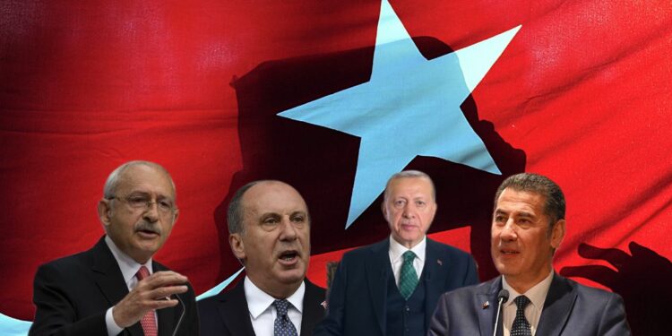 الرئيس الحالي رجب طيب أردوغان وزعيم المعارضة كمال كليجدار أوغلو وزعيم حزب البلد محرم إنجه وسنان أوغان
