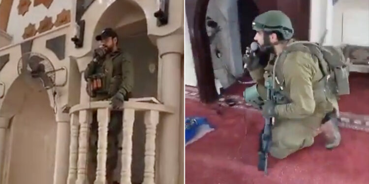 جنود إسرائيليون يؤدون صلاة عبرية فى أحد مساجد جنين