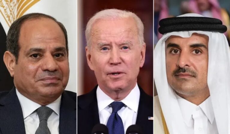 سيناريوهات ما بعد حرب غزة.. يظهر في الصورة الرئيس الأمريكي بايدن وعلى يمينه الرئيس السيسي وعلى يساره أمير قطر تميم