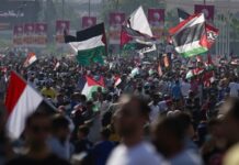 الإفراج عن 18 شاباً على خلفية دعم غزة متظاهرون يلوّحون بالأعلام الفلسطينية في القاهرة، في 20 أكتوبر 2023