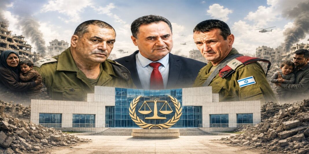 وزير الدفاع الإسرائيلي "يسرائيل كاتس" وعلى يمينه إيال زامير رئيس الأركان الإسرائيلي الحالي وعلى يساره رئيس الأركان السابق هرتسي هاليفي